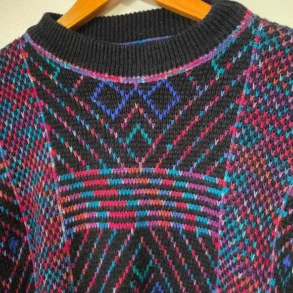 VINTAGE MULTICOLOR GEOMETRIC PATTERN CREW NECK PULLOVER SWEATER MEDIUM - Picture 3 of 13